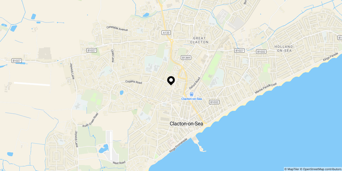 Approximate location of Warwick Road, Clacton-on-sea, CO15 3DL