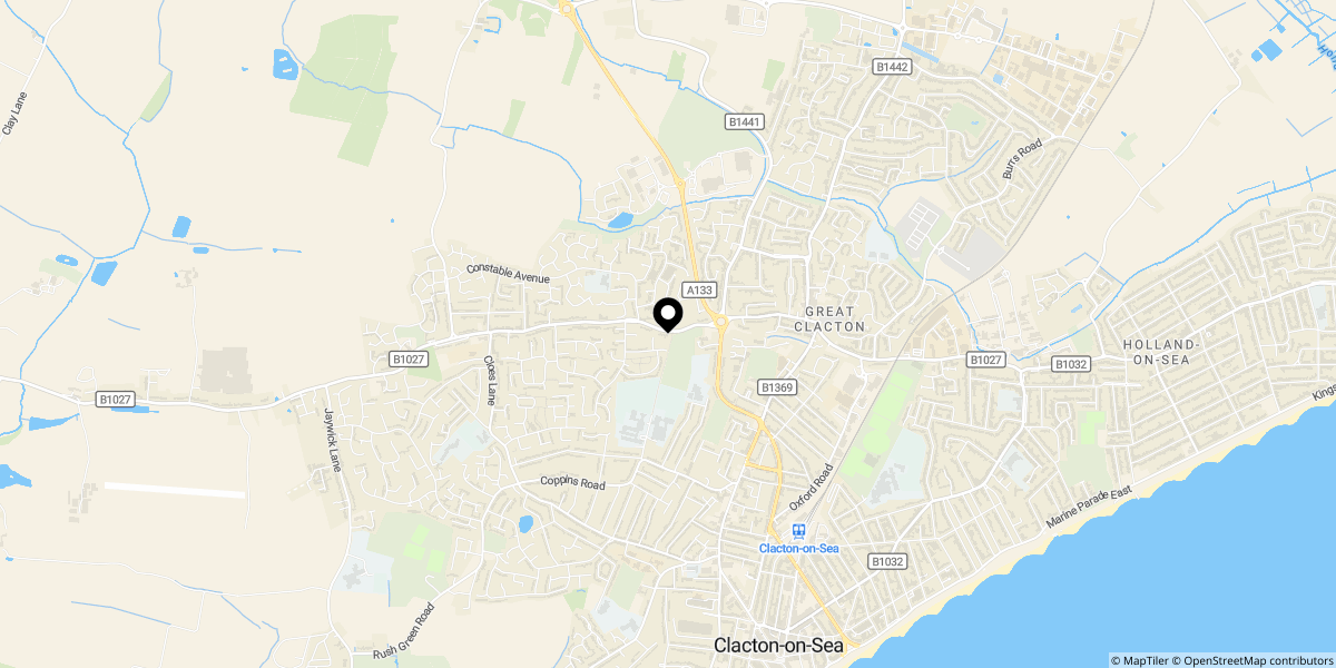 Approximate location of St Johns Road, Clacton-on-Sea, Essex, CO16 8DD