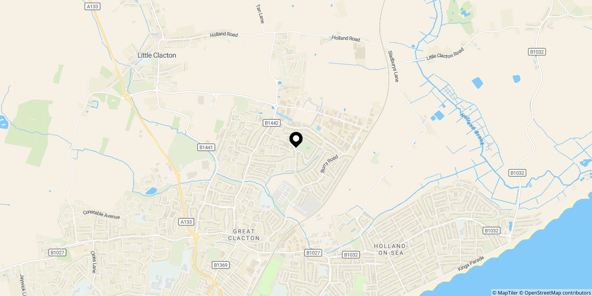 Approximate location of Woodlands Close, Clacton-on-sea, CO15 4RY
